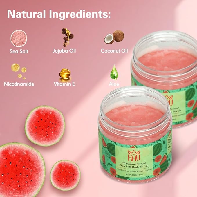 KAV Salt Body Scrub - Natural Exfoliating Salt Scrub for Body and Face, Helps with Moisturizing Skin, Dead Cell Removal, Rejuvenation and Relaxation, 4 Scents (Watermelon)