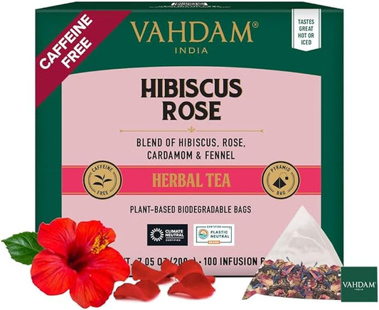 VAHDAM, Hibiscus Rose Tea Bags - 100% Whole Hibiscus Flowers Herbal Tea Bags (100 Count) With Rose, Chamomile & Exotic Spices | Caffeine Free, Floral Flavor Tisane | Resealable Ziplock Pouch