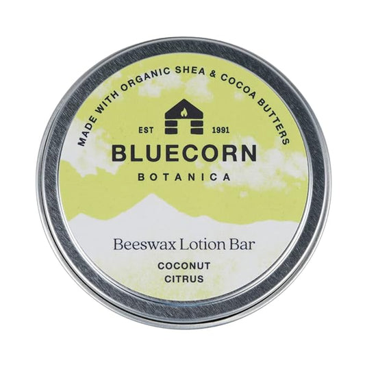 Bluecorn Beeswax Coconut Citrus Scented Lotion Bar. Organic Shea Butter, Cocoa Butter, Vitamin E, Apricot Oil & Avocado Oil. Long-Lasting Moisture for Super Dry Skin. Plastic-Free & Made in the USA.