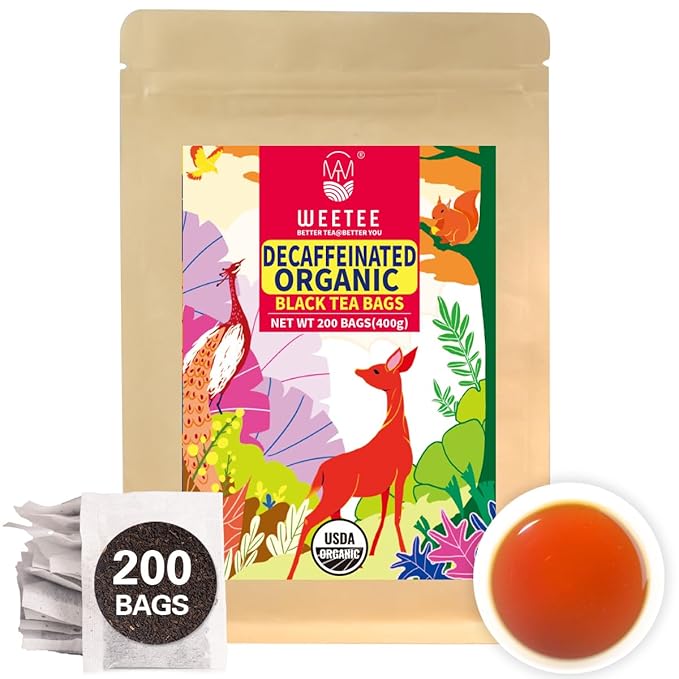 WT WEETEE Organic Decaf Black Tea Bags, Organic Decaffeinated Black Tea 200 Count | Smooth & Mild Taste | CO2-Decaffeinated | Resealable Kraft Bag