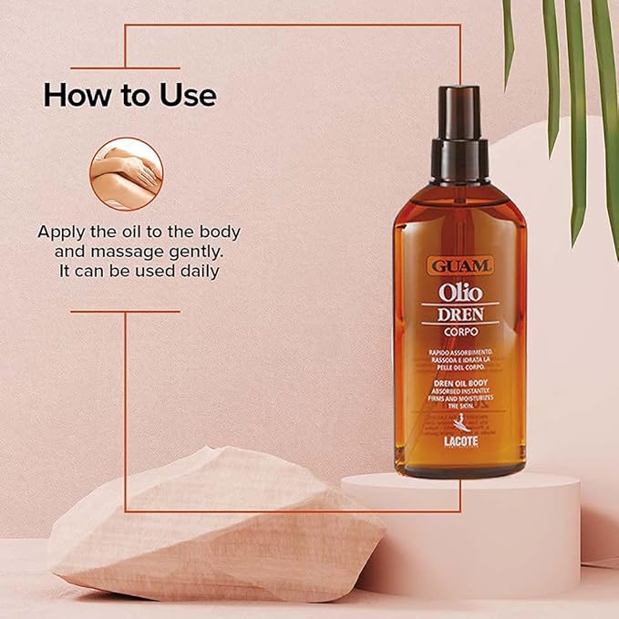 Guam DREN Anti Cellulite Massage Oil with Essential Oils, Draining Body Oil with Lymphatic Drainage, Water Retention & Anti Swelling Oil, Cellulite Lotion, 200ML