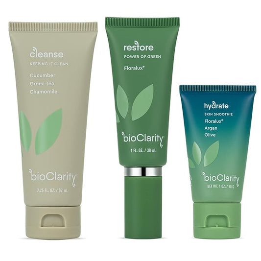 BioClarity 3-Step Essentials Skin Routine, for Normal & Oily Skin Types, Cleanse Restore Hydrate, Gentle Clean Face Care, 100% Clean Vegan Ingredients, Mini Size