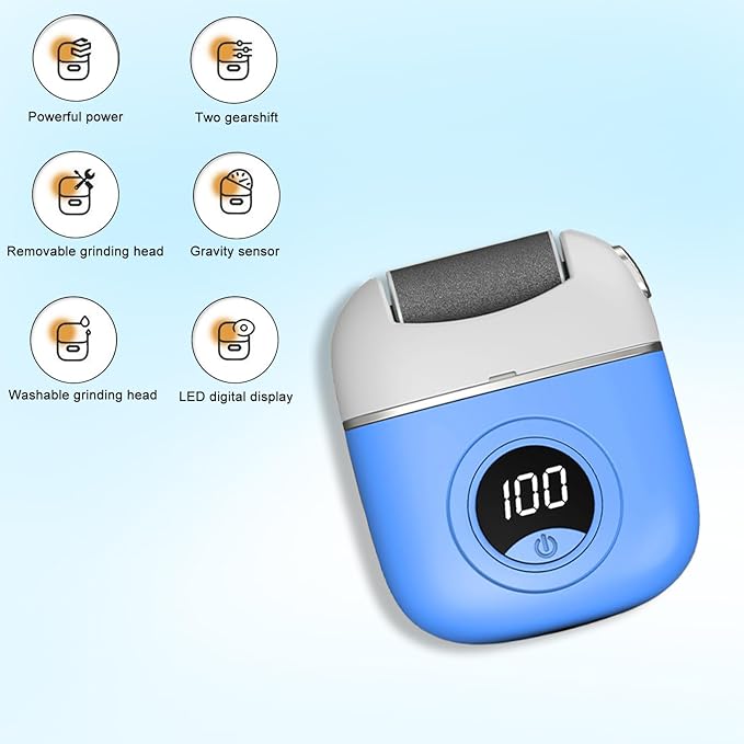 Electric Foot Callus Remover, 2024 New USB Rechargeable Foot Repair and Grinding Device, Heel Polisher Digital Display, Electric Foot Exfoliating Scrubber with 3 Grinding Heads 2 Speeds (Blue)