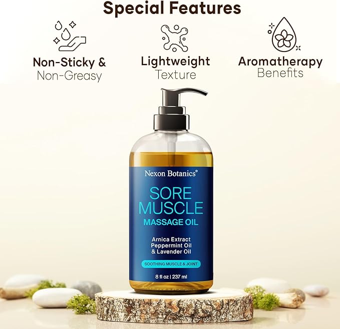 Sore Muscle Massage Oil 8 fl oz - Arnica Massage Oil for Therapy & Pain Relief - Peppermint & Lavender for Body & Muscle Relaxation - Nexon Botanics