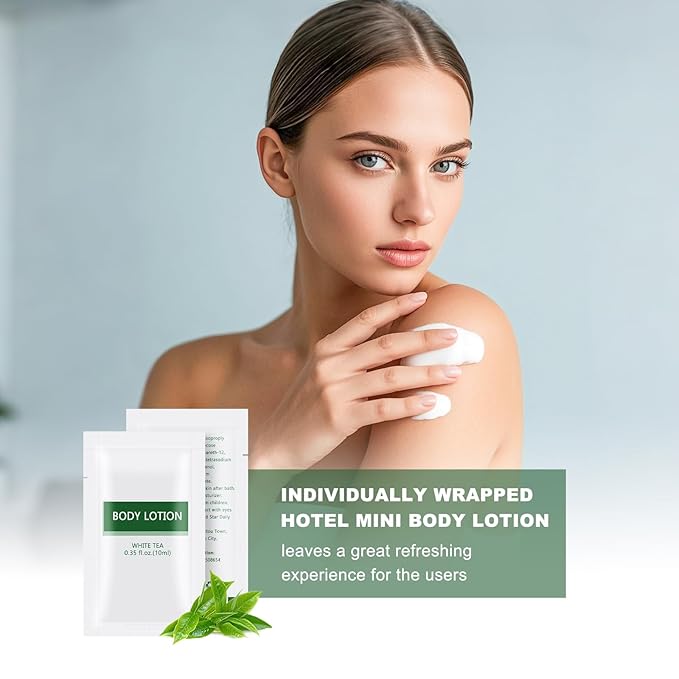 200 pack Travel Size Body Lotion Bulk Individually Wrapped - Refreshing Mini Lotion Single Use Supplies for Homeless Care Hotel Guests, White Tea Scent,0.35 fl oz/10ml