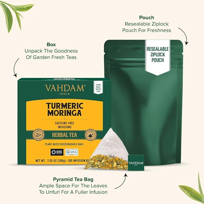 VAHDAM, Turmeric Moringa Tea Bags (100 Herbal Tea Bags) Caffeine Free, Non GMO, Gluten Free | 100% Pure Herbal Blend - Sweet & Earthy | Resealable Ziplock Pouch