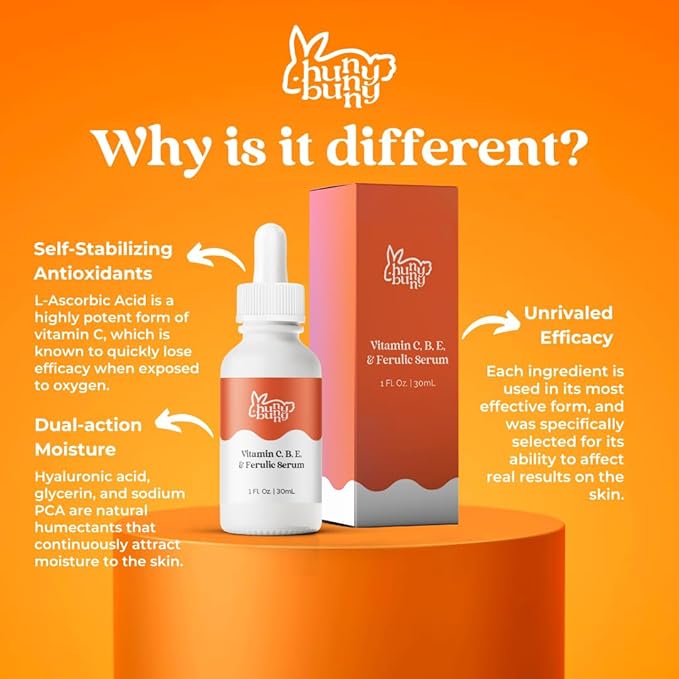 Hunny Bunny Vitamin C B E - Frangrance Free - Hyaluronic Acid - Ferulic Acid Serum, Better Skin Hydration, Anti Aging, Anti Wrinkles - Dark Spot Enhancer, Antioxidant Serum, (1 Fl Oz) - Made in USA