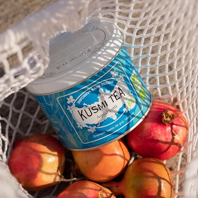 Kusmi Tea - AquaFrutti - Organic Blend of Hibiscus, Pomegranate, Apple, Blackcurrant & Goji Berries - Caffeine Free Tea - Enjoy Hot or Iced - Loose Leaf Tea - Tin Box of 3.5 oz for about 50 cups