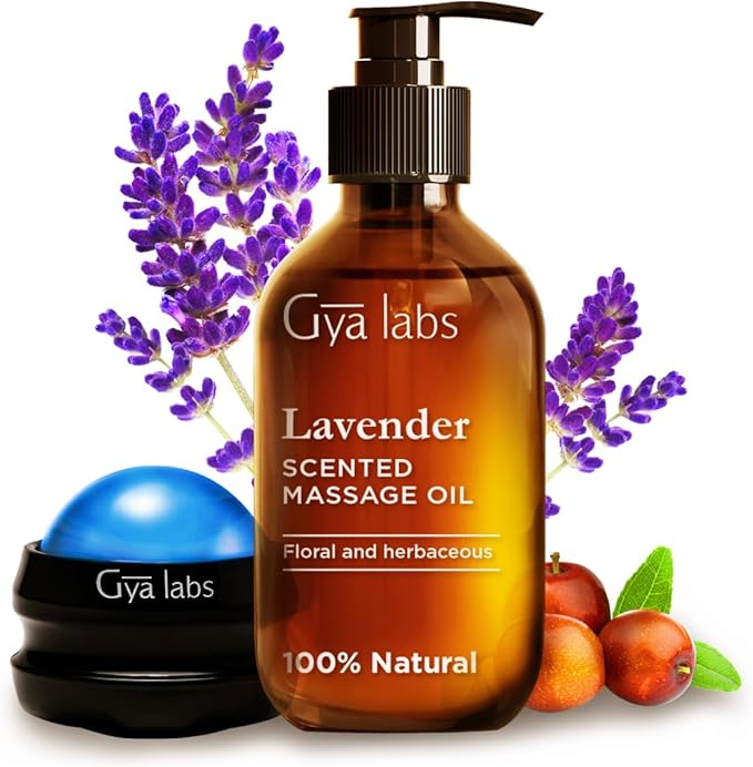 Gya Labs Lavender Relaxation Massage Oil - 8.45 Fl Oz - with Massage Roller Ball - Fast Absorbing 100% Pure Natural Blend of Spa Quality Oils for Skin, Muscle Relaxing - Calming, Aromatic, Self-Care