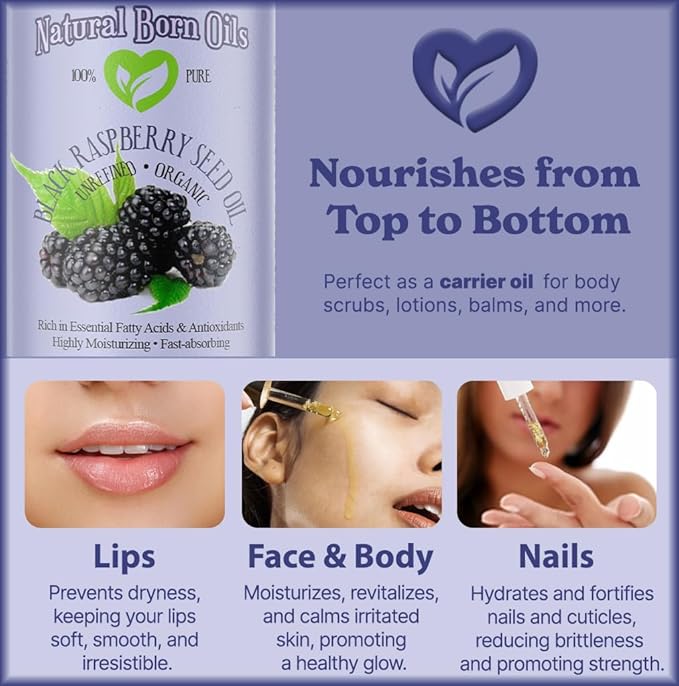 Natural Born Oils Black Raspberry Seed Oil, 16oz, Organic, Cold-Pressed, High in Ellagic Acid, Skin Moisturizer, Hair Health