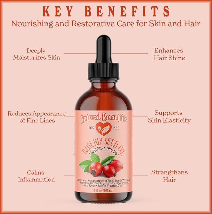 SALE! 4oz Rosehip Seed Oil, 100% Pure and Natural, Cold-Pressed, Unrefined, Organic Moisturizer for Skin and Hair - Includes Pump & Dropper