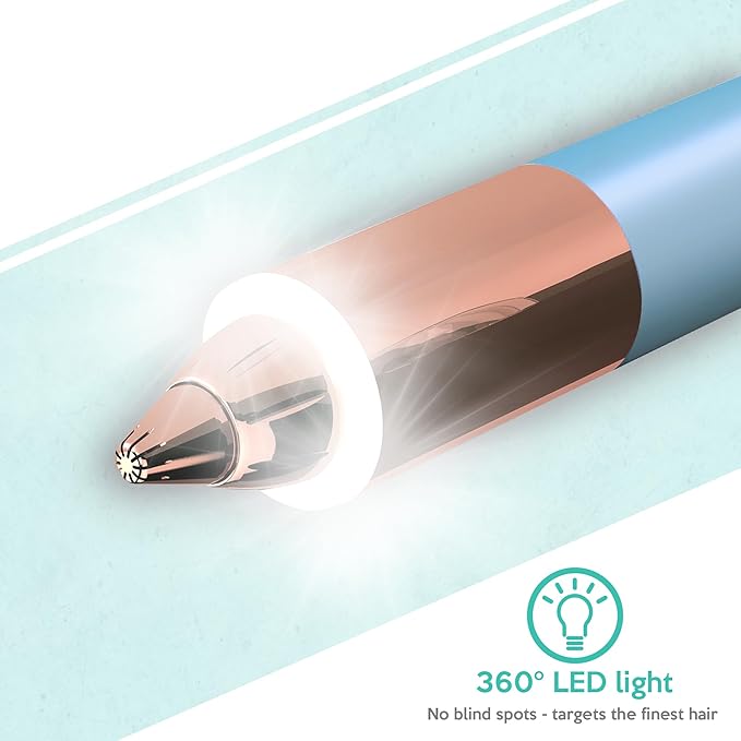 2-in-1 Portable Rechargeable Painless Eyebrow Trimmer & Facial Hair Remover, removes eyebrow, face, lips and body hair for women. 18K gold plated hypoallergenic heads, 360° LED light for Hair Remover