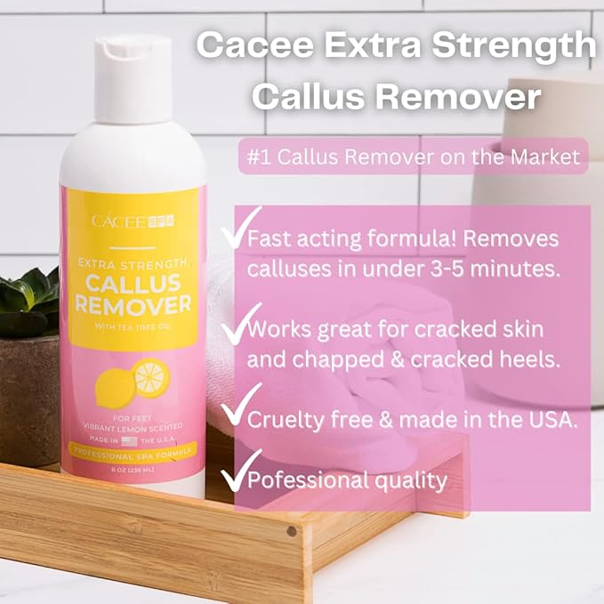 Cacee 8oz Foot Callus Remover with Tea Tree Oil, Lemon Scent for Foot Spa, Pedicure Soak, Foot Care, Athletes Foot Treatment, Cuticle and Callus Remover for Feet