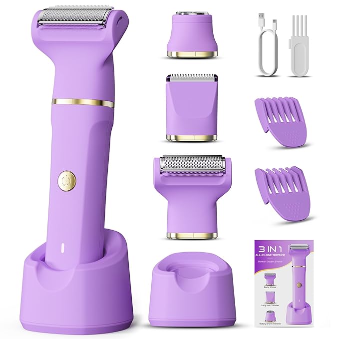 Bikini Trimmer 3 in 1 Electric Razor for Women - IPX7 Waterproof Wet & Dry Body Shaver, Pubic & Facial Hair Remover with Ceramic Blade, USB Rechargeable Dock & Gift Ready