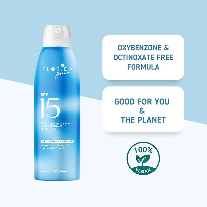 Florida Glow SPF 15 Sunscreen Spray - Hawaii 104 Reef Act & Florida Keys Compliant, Broad Spectrum, Water Resistant - Sun screen protector for face and body, PABA-Free & Oxybenzone Free (5.5 Fl Oz)