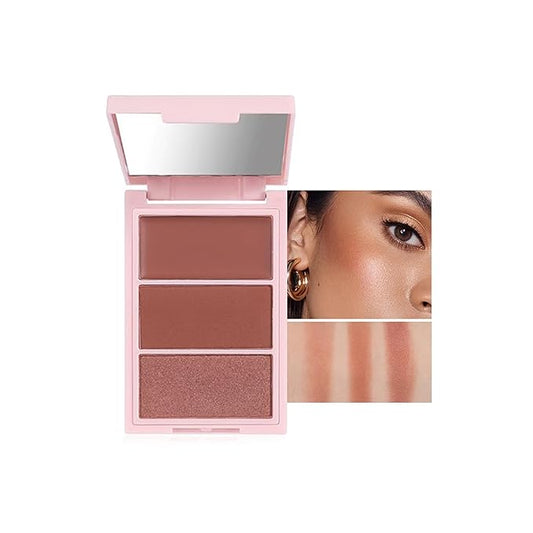 3D Blush Palette, Multi-Use Makeup Contour Pressed Powder Long-Lasting Pigment Cheekbones Contouring Blush Blendable Natural Shimmery Or Matte Finish, #03 Coffee