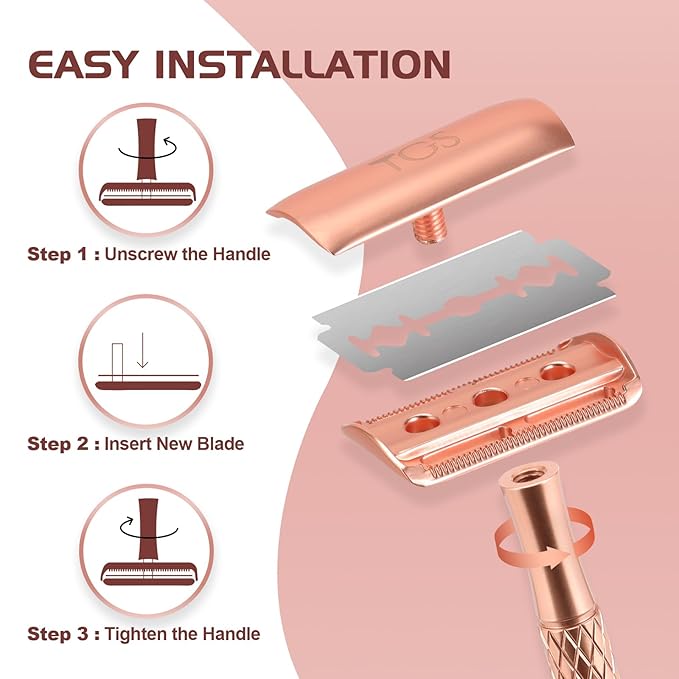 Double Edge Safety Razor for Women with Silicone Cover & 10 Blades for Travel Metal Eco-Friendly Reusable Single Blade Razor for Shaving (Rose Gold)