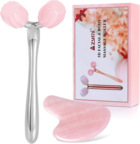 3D Jade Roller & Gua Sha Set, Natural Rose Quartz Face Roller Guasha Tools for Facial Jawline Scraping/Skin Firming & Reduce Wrinkle& Puffy Eyes/Relieve Body Tension