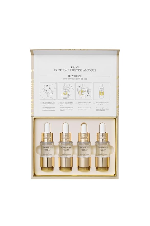 Ultra V Idebenone Prestige Ampoule, 4 Vials Set, Anti-Aging Antioxidant Serum, 0.34 fl oz Each - Antioxidant, Anti Wrinkle, Smoothes, Softens, Hyaluronic Acid, Peptides