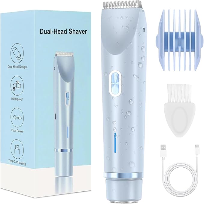 Dermave Bikini Shaver, Womens, Bikini Trimmer for Women, Glow Aura Electric Razor 2-in-1 Women's Body Shaver Dual Head Women's Trimmer for Leg Arm Body Grooming Tool (Blue)