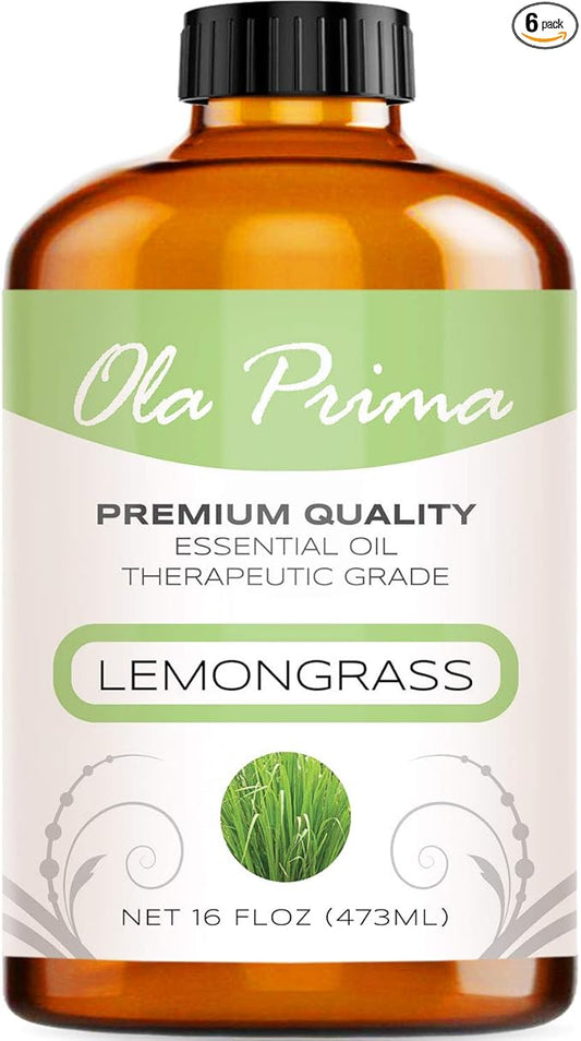 Ola Prima Lemongrass Essential Oil for Aromatherapy, Diffuser, Cleaning, Skin, Hair Health, Relaxation, Soap & Candle Making (16oz Bulk)