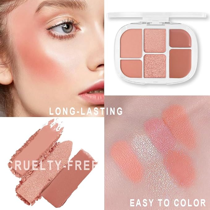6-in-1 Cream & Powder Makeup Palette – Blush Highlighter & Eyeshadow, Matte & Shimmer Nude Tones, Travel-Friendly Compact for Daily & Travel Use 01