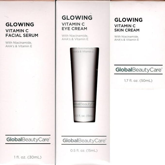 Global Beauty Care Glowing Vitamin C 3 Piece Set with Vitamin C Eye Cream, Vitamin C Skin Cream and Vitamin C Eye Cream with Niacinamide, AHA's & Vitamin E