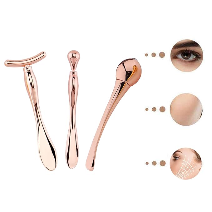 BetterJonny 3Pcs Metal Eye Cream Applicator Roller Wand Stick, Cosmetics Spoon Eye Cream Massager Wand Girls Women Facial Massager for Fatigue Relief Reduce Puffiness (Rose Gold)