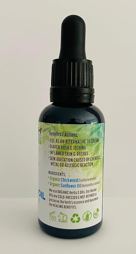 Organic Chickweed Medicinal Oil Raw, Infused, Pressed Herbal Oil Chickweed, Sunflower Seed Oil 1 fl.oz.
