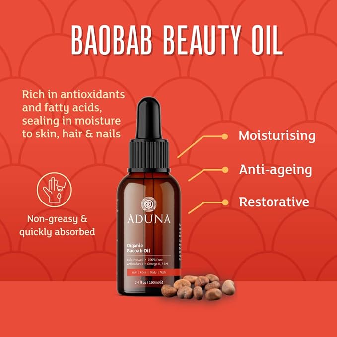 Aduna Wild Harvested Baobab Oil - 100% Organic - 3.4fl oz Pure Baobab Oil - Unrefined Cold-Pressed Body, Hair & Face Oil - Moisturizing & Anti-Ageing