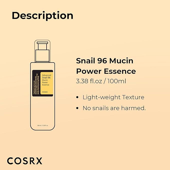 COSRX Snail Mucin 96% Power Repairing Essence 3.38 fl.oz 100ml, Hydrating Serum for Face with Snail Secretion Filtrate for Dull Skin & Fine Lines, Korean Skin Care