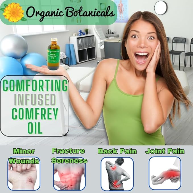 Pure Comfrey Leaf Infused Oil - Skin Care for Joints, Back, Muscles, Fractures, Bruises, and Minor Wounds, Natural Herbal Body Massage Oil, Certified Organic (2 oz)