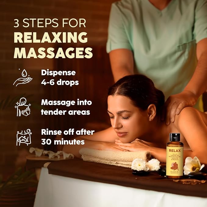 Kukka Relax Massage Oil for Massage Therapy - 3.38 Fl Oz - 100% Pure Natural Full Body Oil Relaxing, Warming for Women & Men, with Lavender, Jojoba, Rose Geranium & Vitamin E