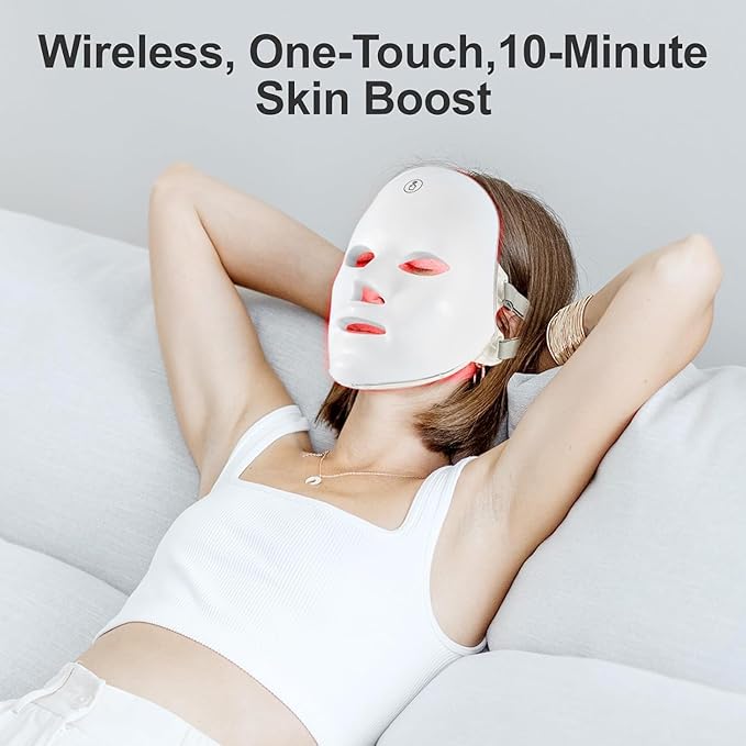 Red Blue Light Mask For Face, 7-1 Colors Red Light Face Mask, Facial Mask Skincare At Home, Cordless, Portable and Rechargeable, White