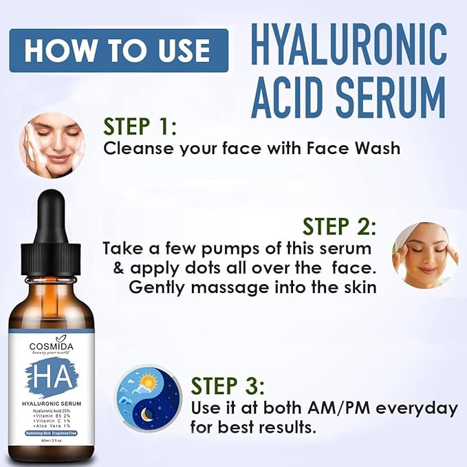 Hyaluronic Acid Serum for Face with Vitamin B5,Pure Hyaluronic Acid Anti-Aging Serum for Plump up skin with intense hydration,Best for Dry, Dehydrated and Sensitive Skin,for Men & Women 2fl.oz