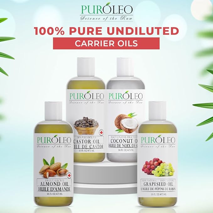 PURÓLEO Carrier Oil Gift Set- 4 Pcs - Coconut Oil- Almond Oil - Castor Oil - Grapeseed Oil - 100% Natural Moisturizing Massage 4 Pc (16 Fl Oz)