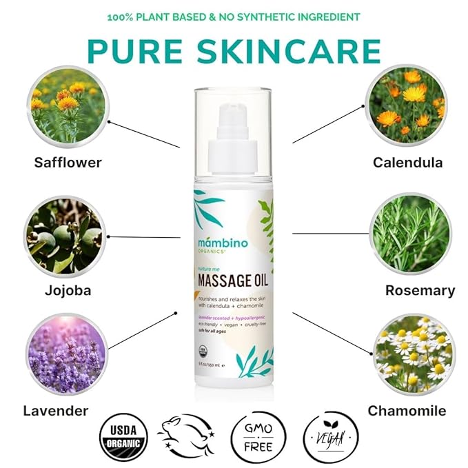 Massage Baby Oil – Organic, Nourishing with Egyptian Calendula, Chamomile & Lavender – Gentle for After-Bath Relaxing – Cruelty-Free Baby Oils for Baby & Kids by Mambino Organics, 2-Pack 5 fl oz