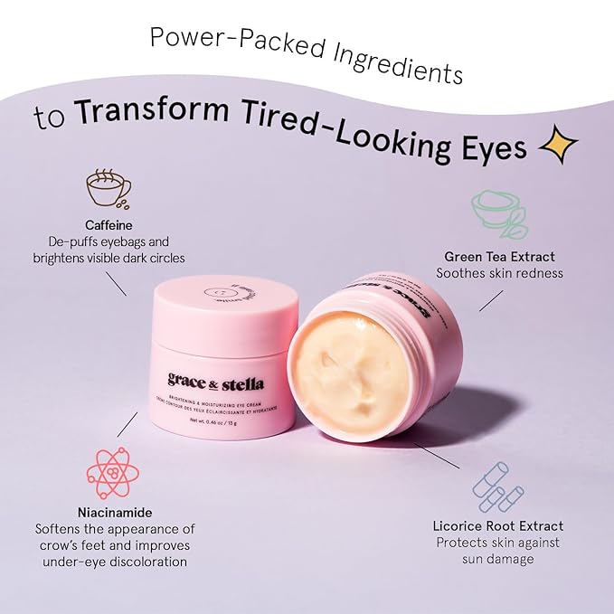 grace & stella Under Eye Cream for Dark Circles - Caffeine Eye Cream Anti Aging for Wrinkles - For Undereye Brightening, Puffiness, Wrinkles and Bags - Made in USA, Vegan (0.46 oz/13 g)
