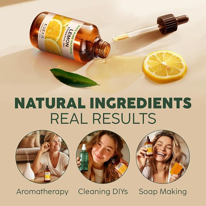 Kukka 100% Pure Lemon Essential Oil - 4 Fl Oz, Natural Fresh Lemon Scent for Diffuser, Aromatherapy, Skin Cleaning & DIY Soap Making - Ideal Mother's Day Gift for Relaxation & Self-Care