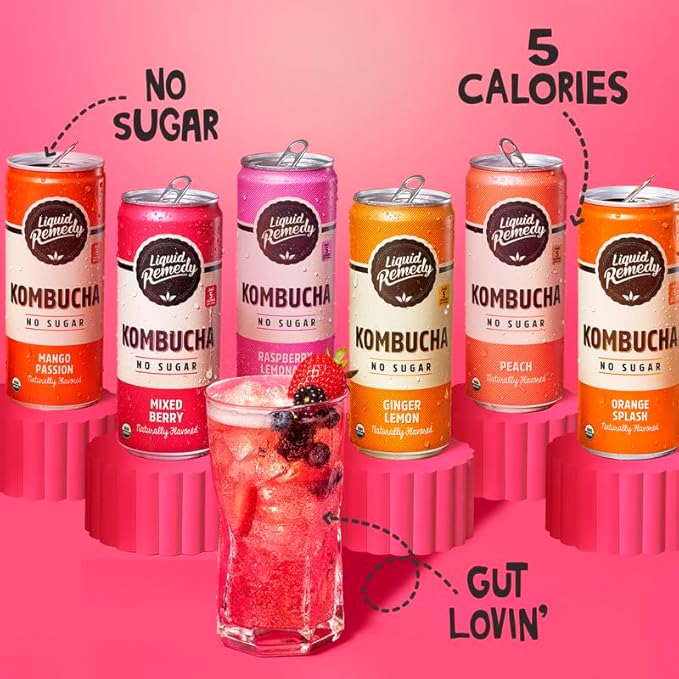 Liquid Remedy Kombucha Sugar Free Organic Drink, Low Calorie, Probiotic Like Tea for Gut Health - Super Sampler Variety Pack - 8.5 Fl Oz Can, 24-Pack