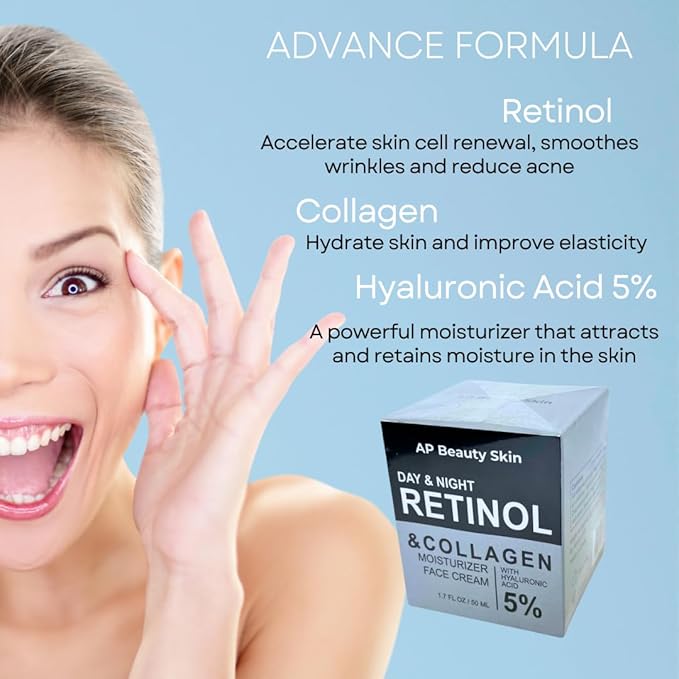 Retinol & Collagen Face Cream, 1.7 fl oz, Day & Night Moisturizer with 5% Hyaluronic Acid
