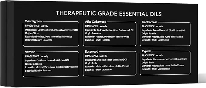 HIQILI 100% Pure Woodsy Essential Oil Set, 6x10ml, Cedarwood, Wintergreen, Frankincense, Vetiver, Rosewood, Cypress - Aromatherapy, Massage, Skin Beauty, Perfume, Gifts