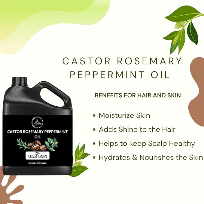 Naturevibe Botanicals Castor with Rosemary and Peppermint Oil 32 Ounces | 100% Pure and Natural | Great for Skin Care and Hair Care