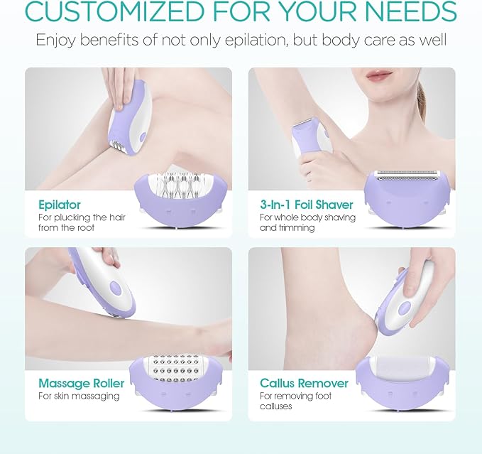 Epilator for Women-Cordless Epilators Hair Removal for Women, 4-in-1 Electric Razor Hair Remover, 2 Speeds & 21 Tweezers for Face Legs Arms Armpit Bikini, Purple HR310