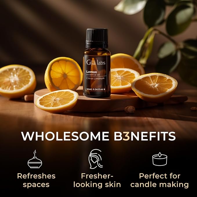 Gya Labs Lemon Essential Oil for Skin - 0.34 Fl Oz - 100% Pure Natural Lemon Oil for Diffuser, Cleaning, Refreshing Scent for Aromatherapy, DIY & Candle Making
