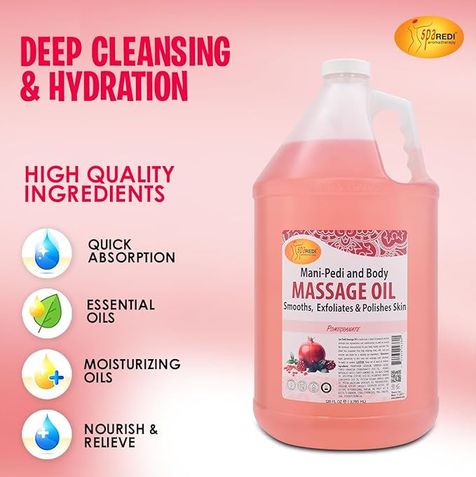 SPA REDI - Massage Oil, Pomegranate, 128 Oz - Professional Full Body Massage Therapy, Made with Almond Oil, Cotton Seed Oil, Sunflower Oil, Avocado Oil, Essential Oils and Vitamin E