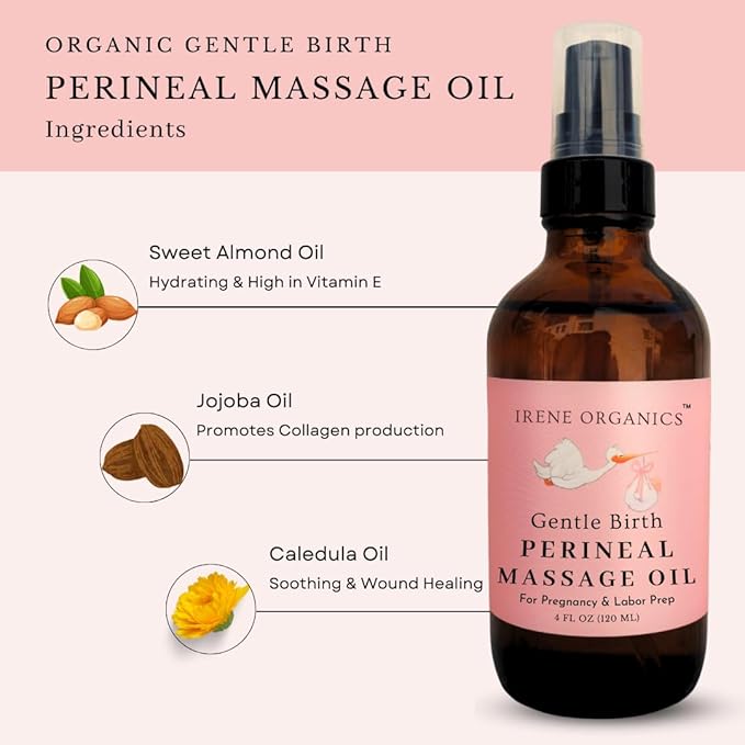 Organic Perineal Massage Oil Spray by Irene Organics for Pregnancy and Postpartum - Prevention for Perineum Tearing, All Natural, Third Trimester Pregnancy Must Haves for Childbirth (Perineal Bundle)