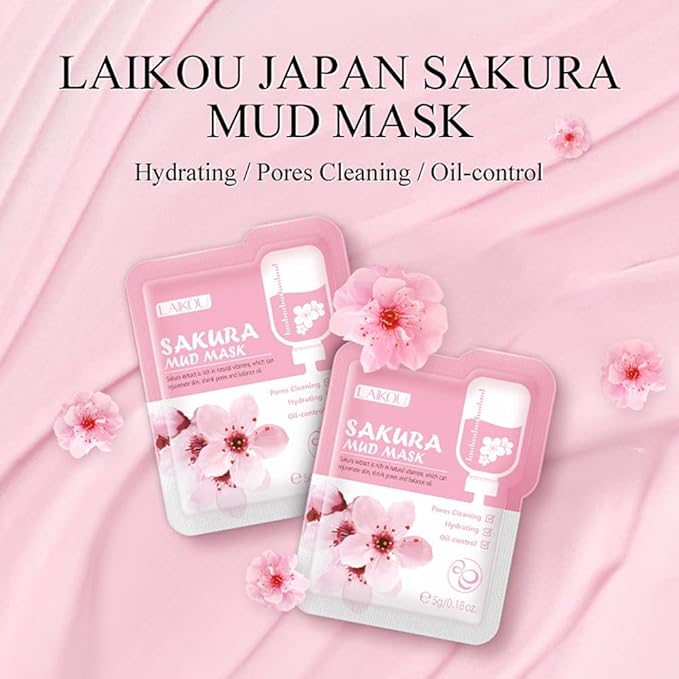 7 Pcs Sakura Face Mud Portable Face Mask Clay Clean Pore Skin Improve Facial Blemishes Moisturizing Oil Control Day & Night Skin Care (Sakura Mud)