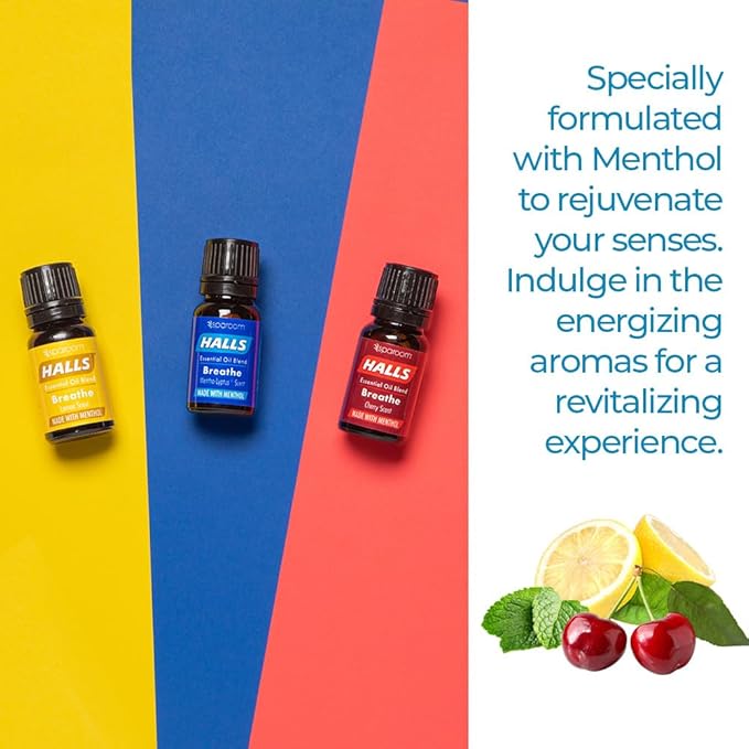 Halls Breathe Menthol with 100% Pure Essential Oils Blend for Diffusers and Aromatherapy, 10 mL, Mentho-Lyptus, Cherry and Lemon, Set of 3