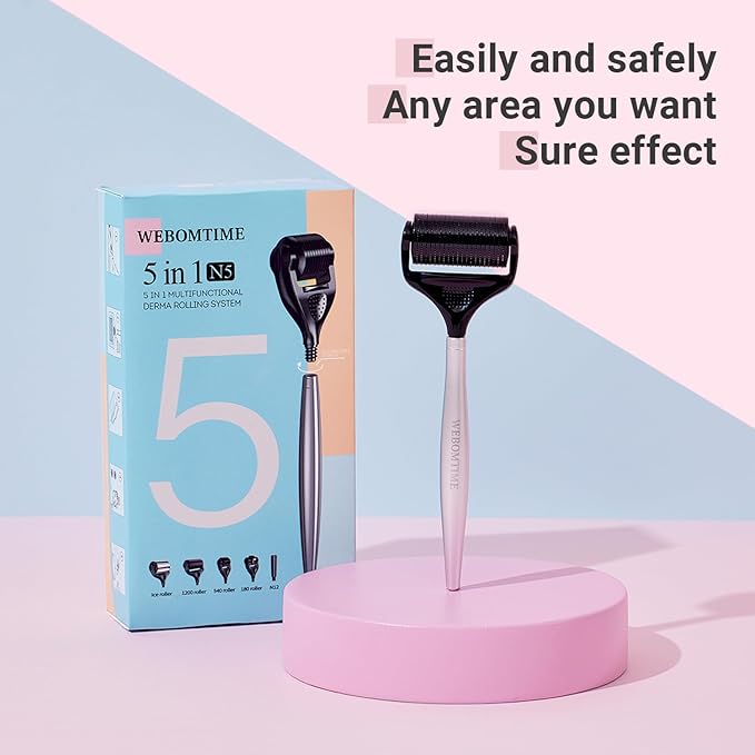 Derma Roller Kit for Hair Beard Face Body Scalp 5-in-1 0.25mm Titanium Microneedle Roller Ice Roller Steel handle